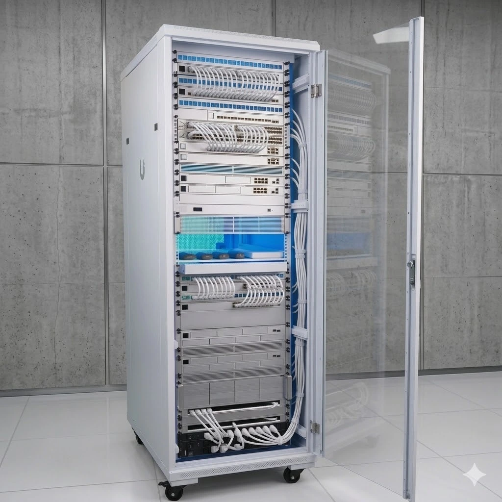 Rack de servidor organizado para infraestrutura e conectividade empresarial