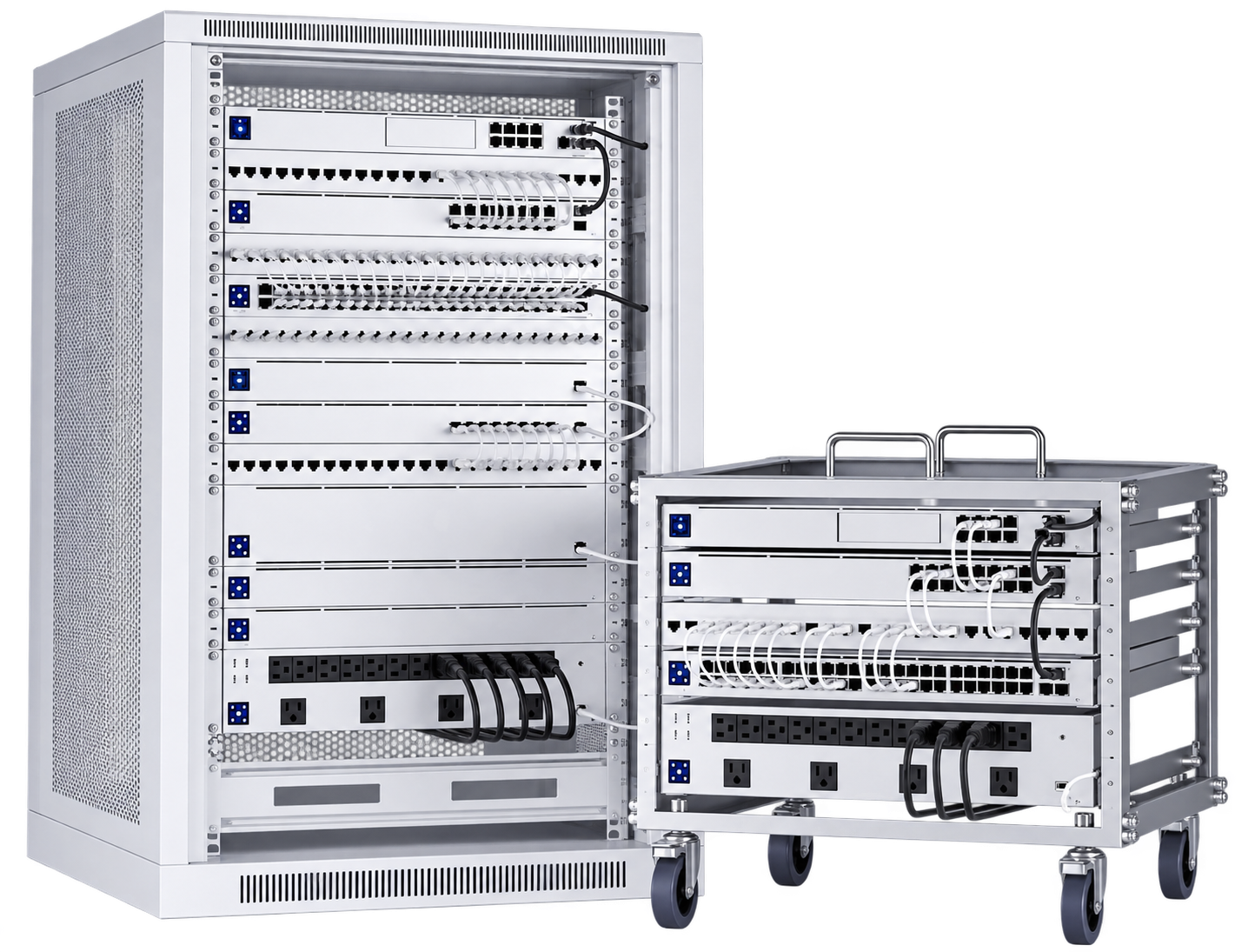 Racks com equipamentos de rede e cabeamento organizado